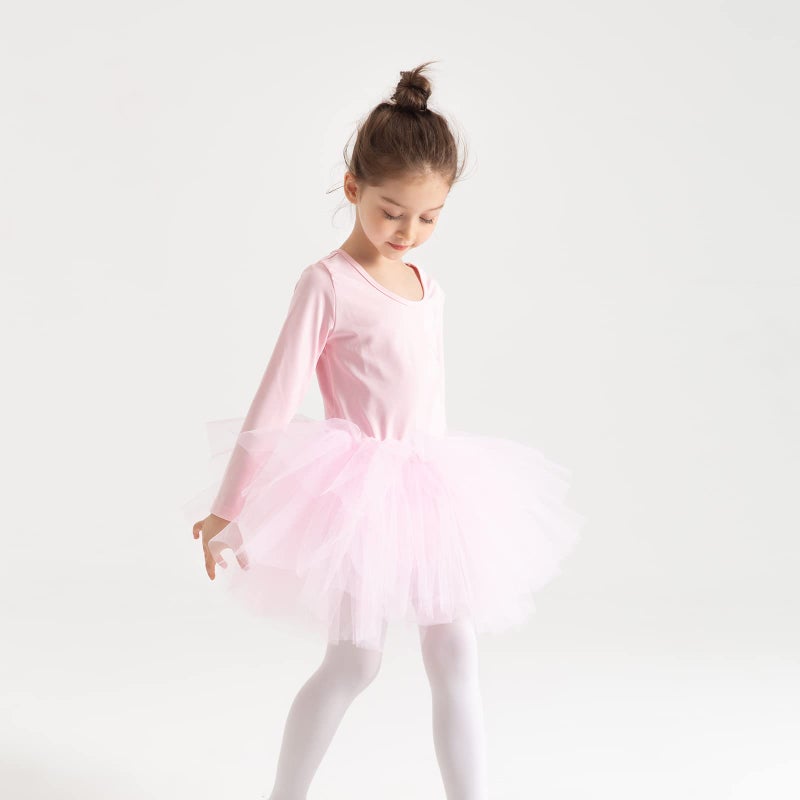 Tutu.kk Kids Girls Ballet Tutu Dress Gymnastics Long Sleeve 4-Layers Tulle Tutu Leotard Pink 5-6 Years - Image 2